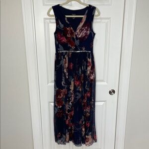 Alexa B Nites Maxi Dress Size 6 V Neck Floral Sleeveless Mesh Embellished Blue